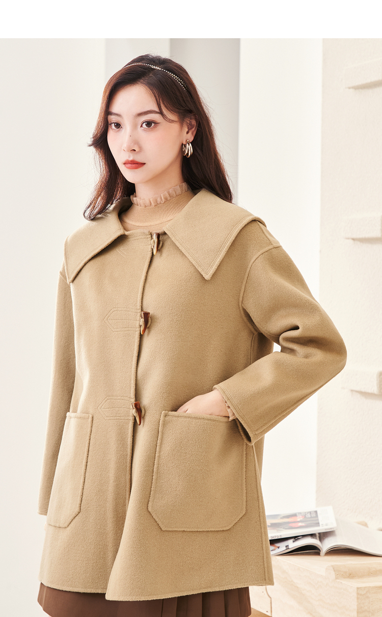 佳人苑毛呢外套女2021年新款冬装海军领中长款呢子外套流行大衣焦糖色