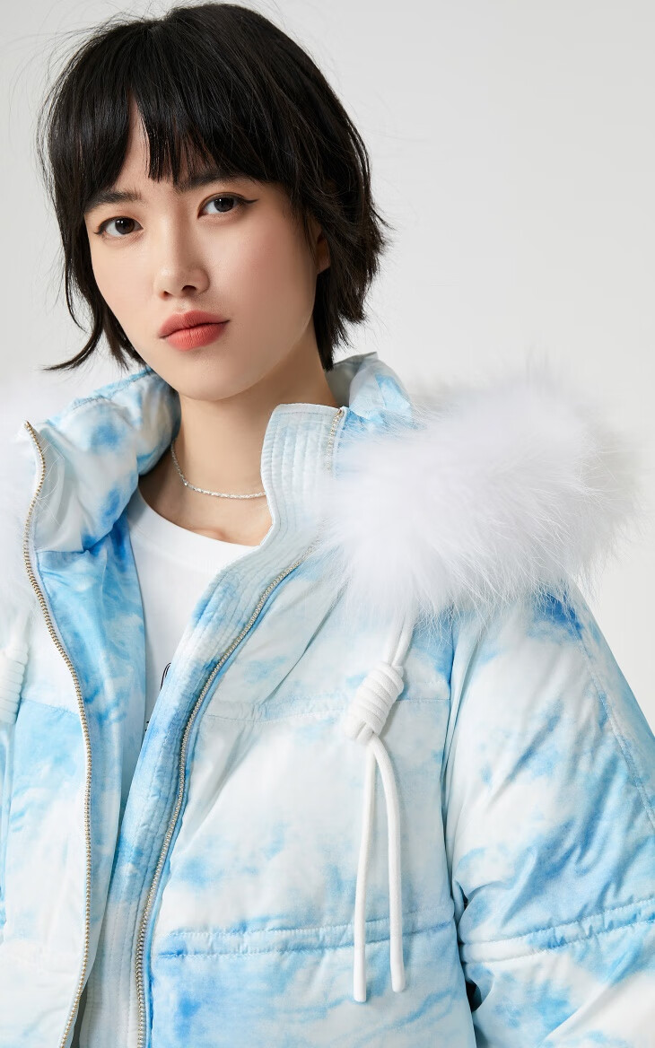 only2021春季新款90绒中长款时尚潮流扎染连帽羽绒服女120412083 030