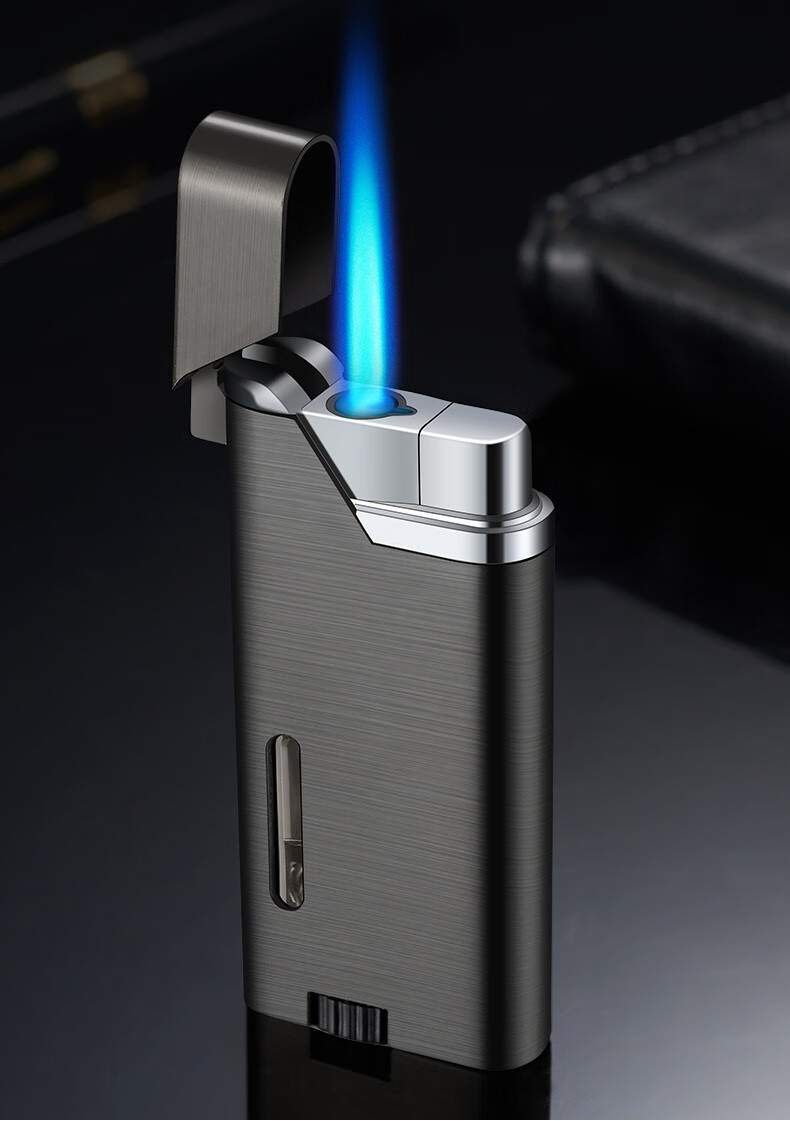 气体蓝色火焰打火合金制金属翻盖打火机雪茄点烟器礼盒礼品烟具黑拉丝