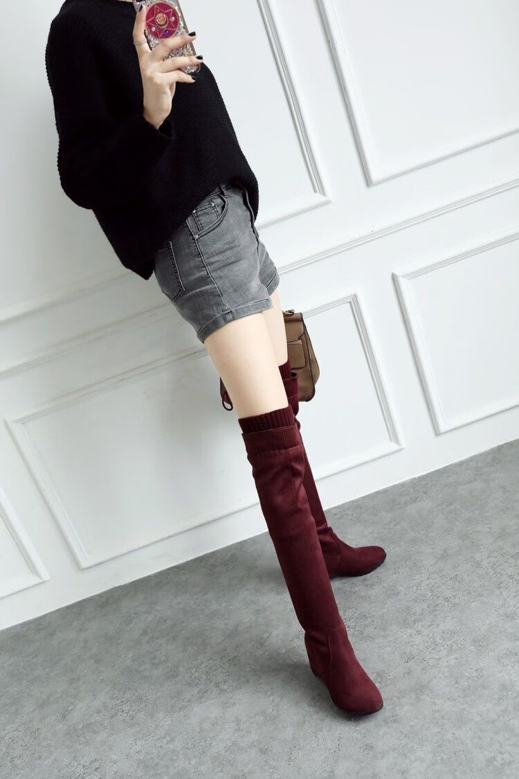 wang不掉筒长筒靴子女新款春秋高筒靴内增高显瘦过膝靴韩版百搭冬加绒