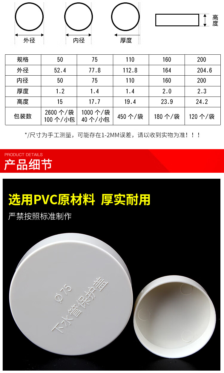 pvc排水管帽堵头管盖子闷头堵盖保护盖保护盖5075110160200白色50mm