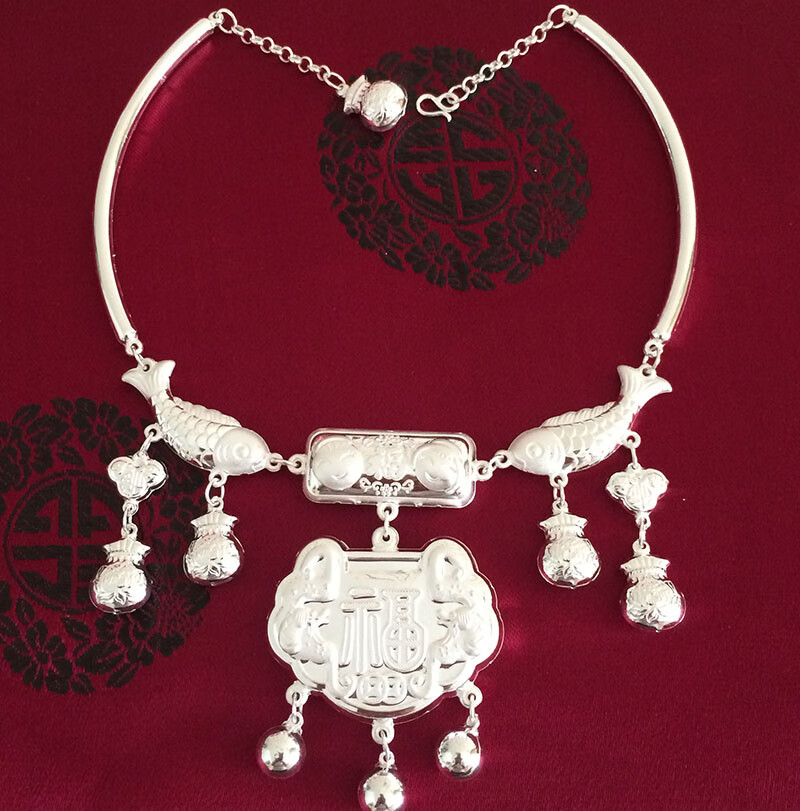 s999足银项圈银锁 男女宝宝婴儿复古长命锁满月周岁银礼 51克长命百岁