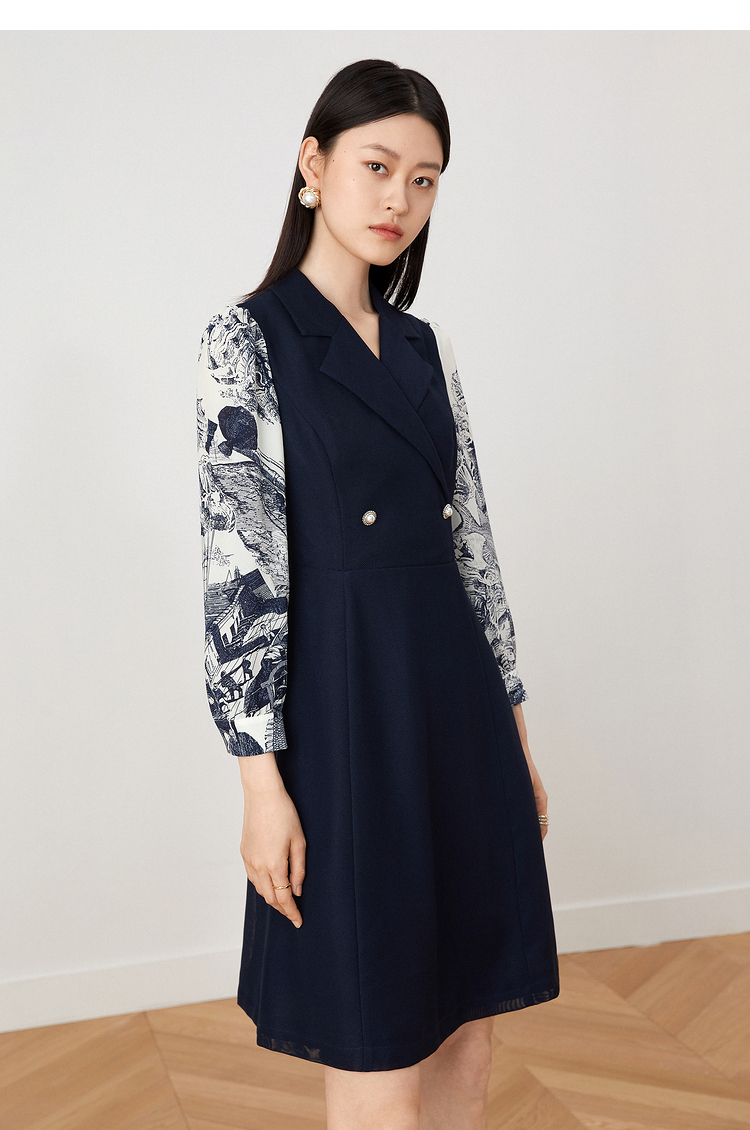 影儿yiner音儿女装2021秋季新款收腰中长款a字连衣裙藏蓝42