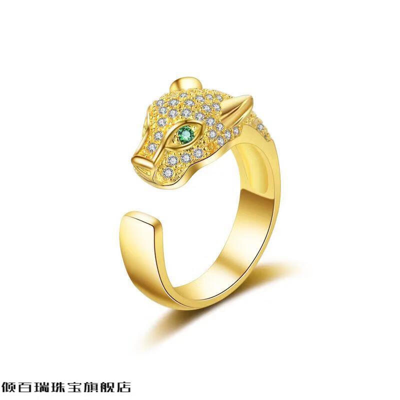 倾百瑞s925豹头戒指男女咔地亚微镶全钻锆石满钻豹子头开口对戒轻奢