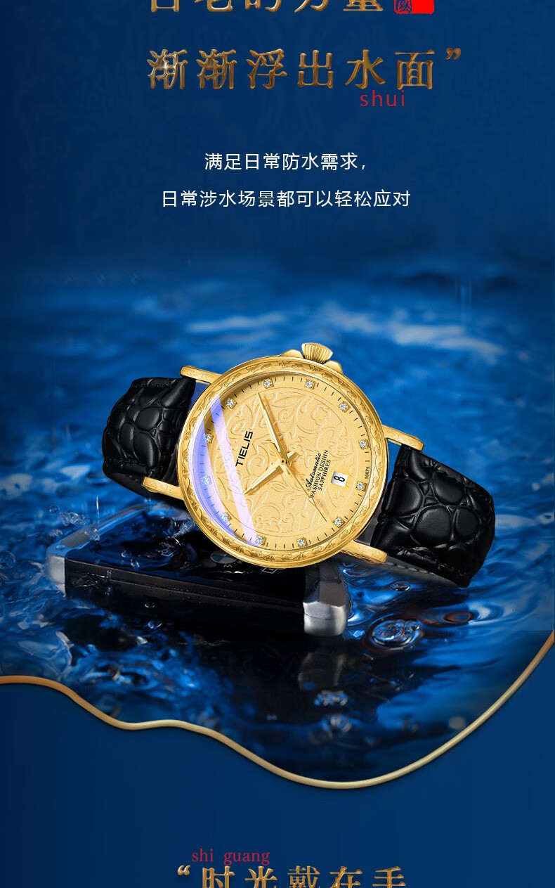 tielis18075铁利时手表男商务休闲皮带机械男士腕表黑皮全金面