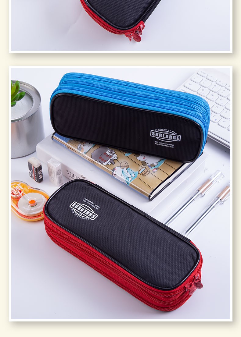 晨光笔袋大容量三层防水文具盒学生多功能铅笔收纳袋三层黑蓝内含笔插