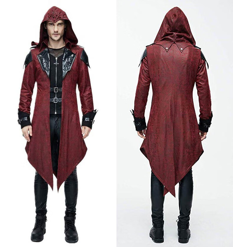 欧洲中世纪服装男刺客唐装外衣长款皮面拼接复古皮面绑带战衣汉服 复