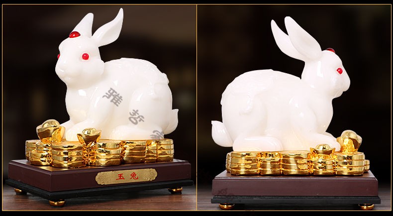 hkna生肖玉兔摆件树脂工艺品兔子家居装饰品卧室摆设生日开业礼品绿色