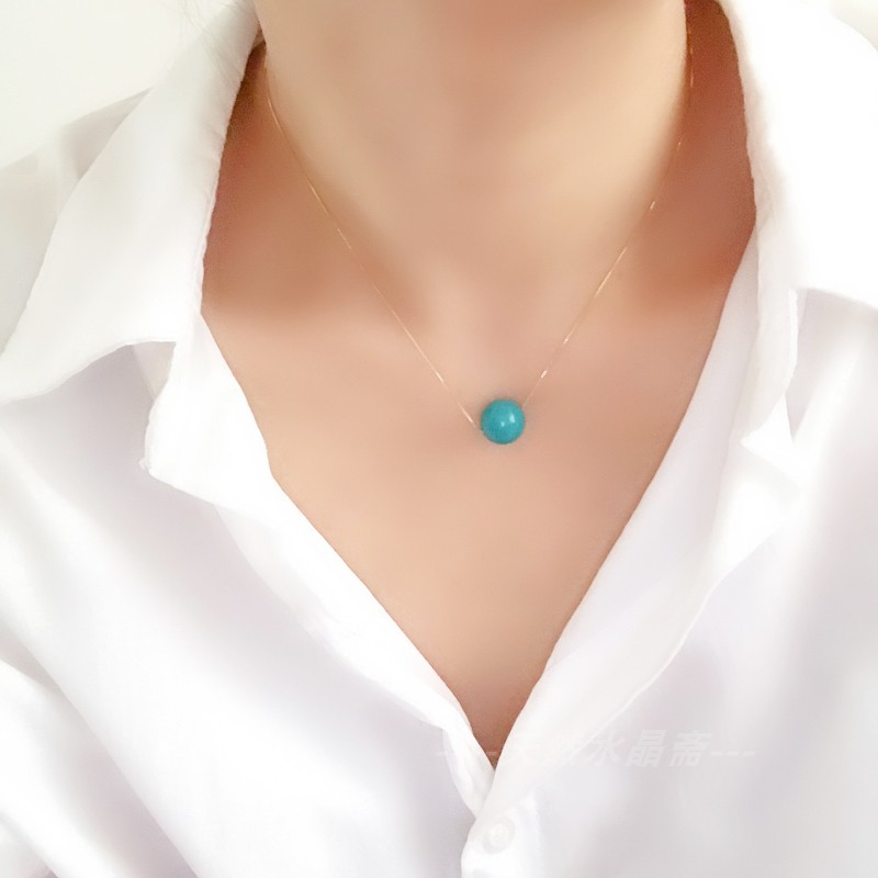 气质清新绿松石吊坠锁骨链圆珠挂坠925银镀14k女士项链短款天然石恋