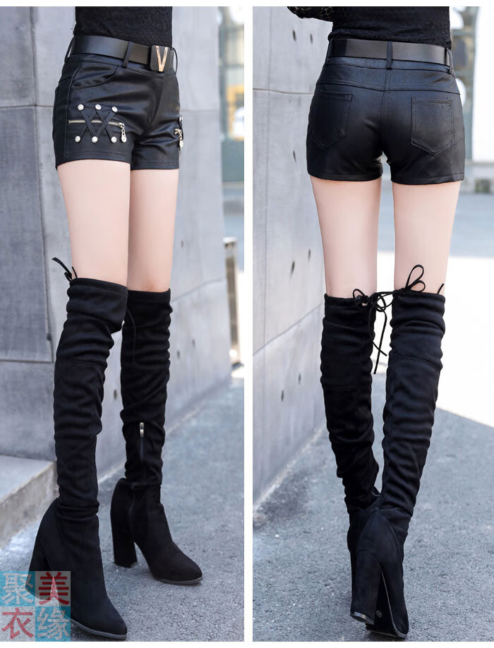 秋冬季pu皮裤衩女打底外穿紧身镶钻女式皮短裤秋天皮尤皮裤头靴裤s
