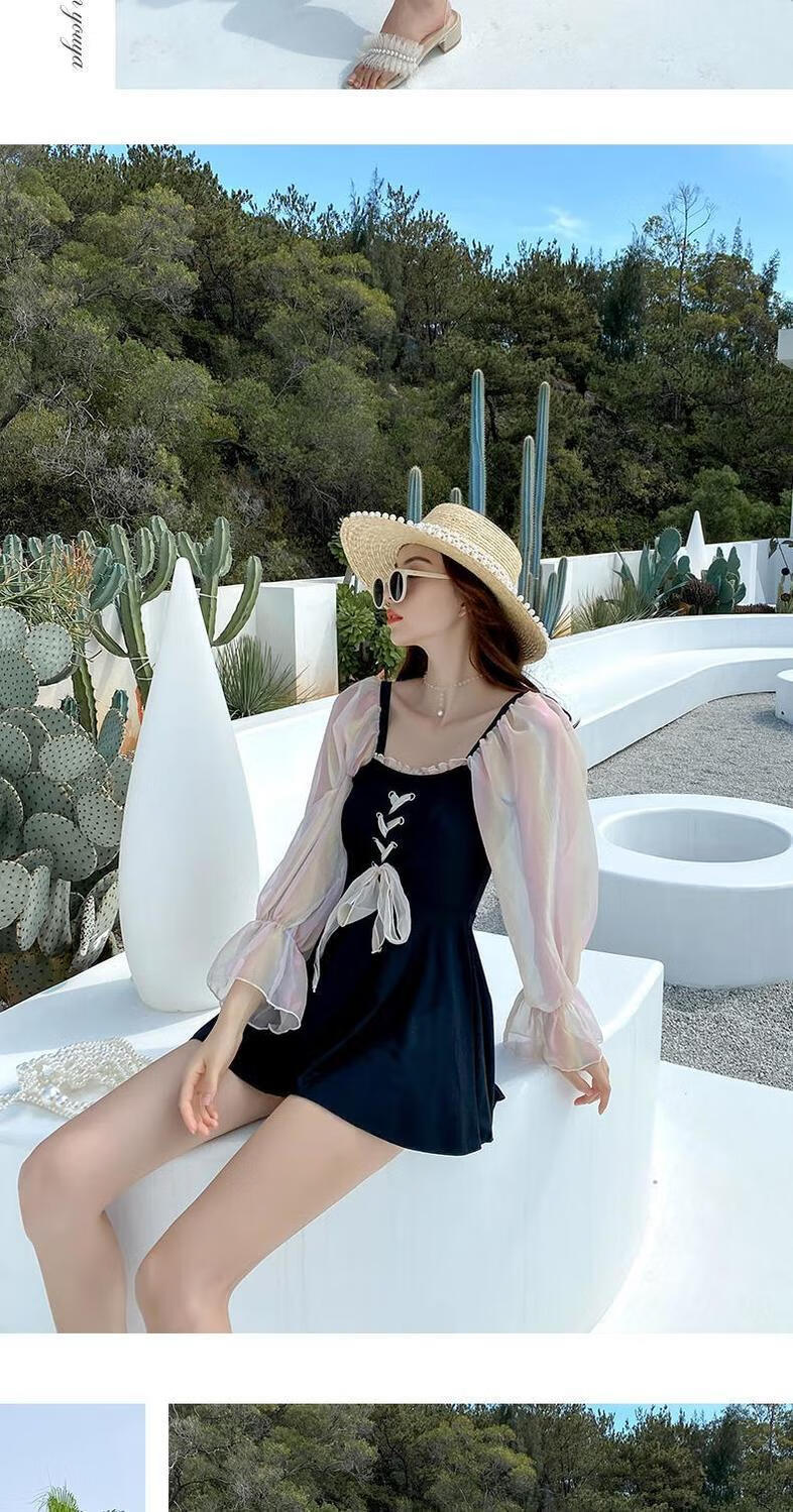 夏季泳衣泳衣女长袖分体平角裤遮肚显瘦保守学生泡温泉游泳装网纱袖款