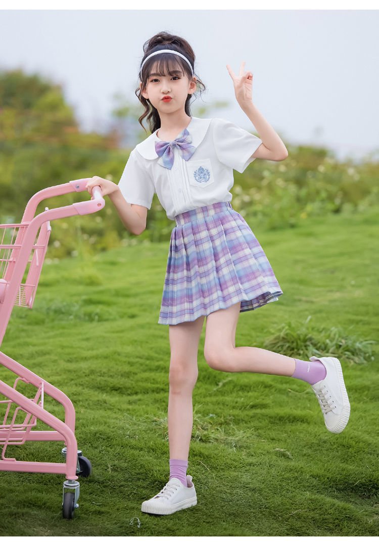 恒佩jk制服格子百褶裙短袖学院风套装小学生两女孩夏装徽章衬衫白溟