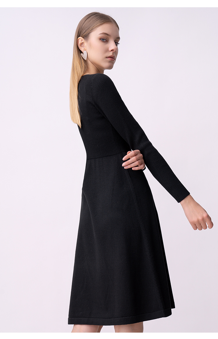 hr赫莲娜女装2022春季新款简约气质百搭打底收腰针织长袖连衣裙女黑色