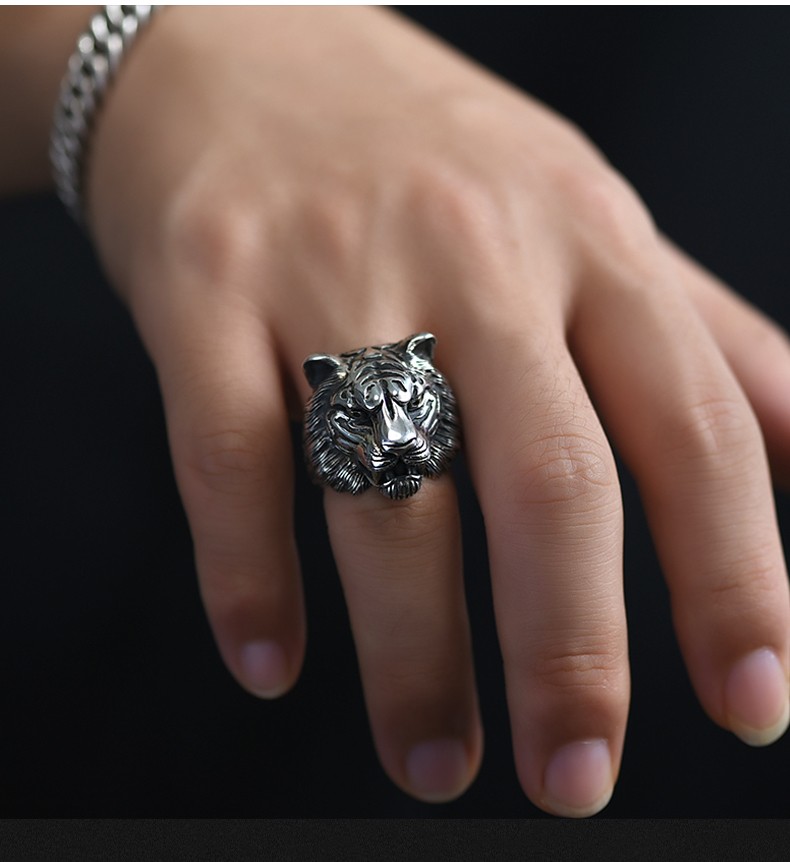 老凤凰同款复古925银虎头戒指男老虎男士潮活口可调节大小嘻哈个性