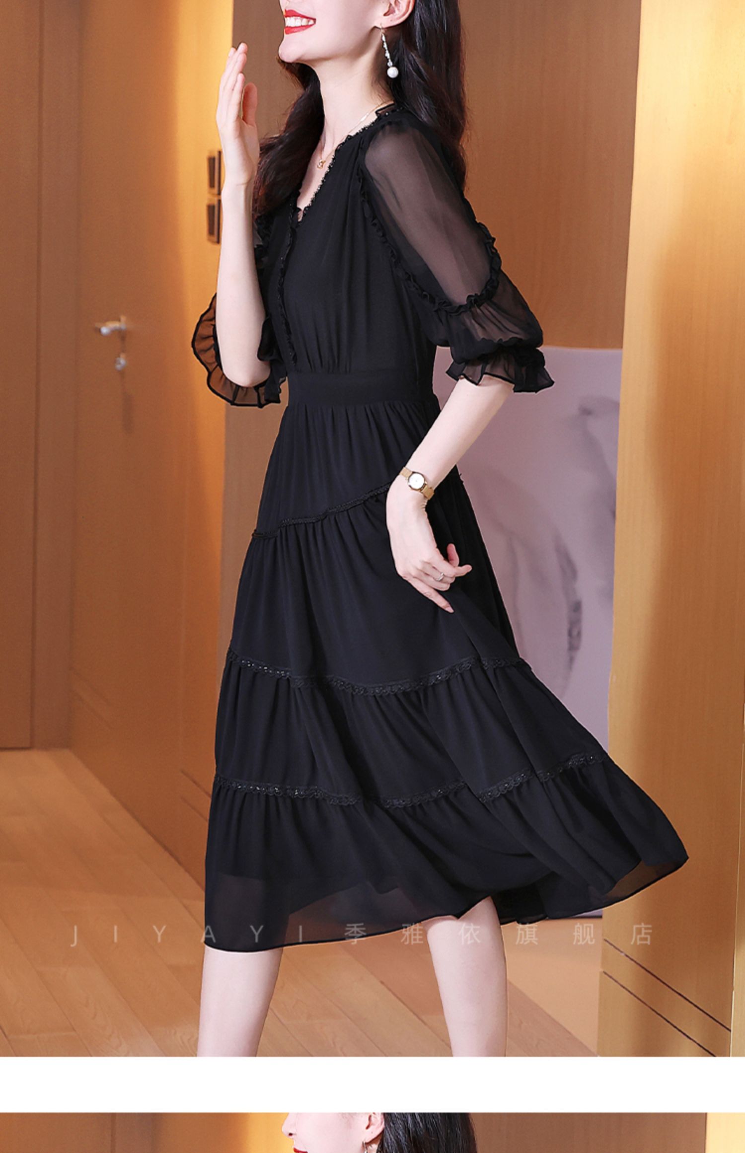 女夏季2022新款黑色气质香云纱洋气显瘦裙子夏天桑蚕丝长裙 黑色 s