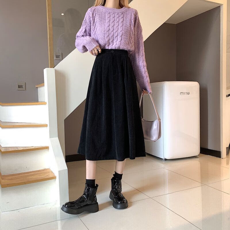 半身裙秋冬女中长款百搭咖色裙子配毛衣a字休闲百褶伞裙潮ss 咖啡色 s