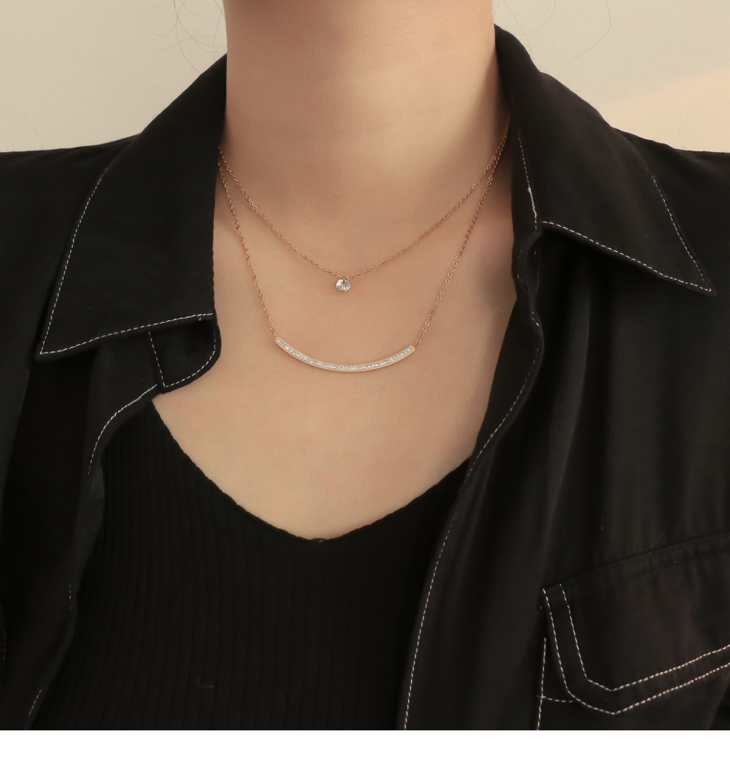 斯涟钛钢双层叠戴锆石微笑锁骨链精致质感小众设计项链女银色双层