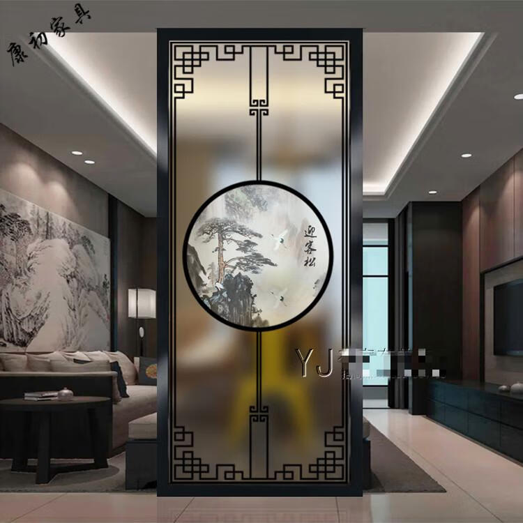 康初3d艺术玻璃屏风隔断新中式风格玄关过道双面磨砂透光钢化定制花格
