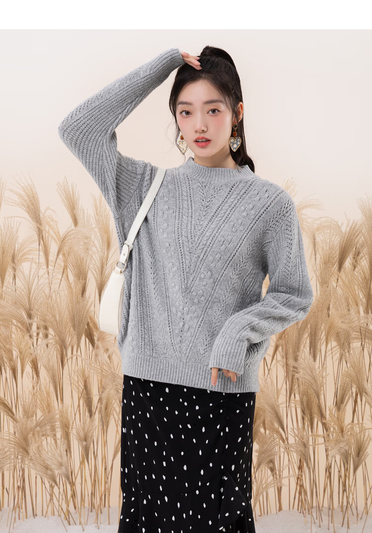 佳人苑针织衫女2021新款冬季圆领长袖毛衣慵懒套头上衣小个子毛衫灰色