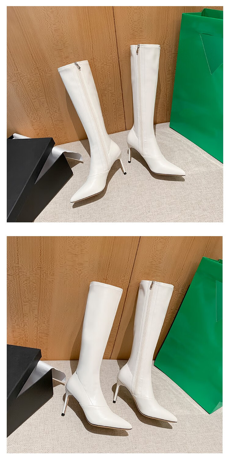 长筒高跟鞋细跟情趣高筒靴子2022年中筒长筒靴尖头细跟白色长靴 黑色