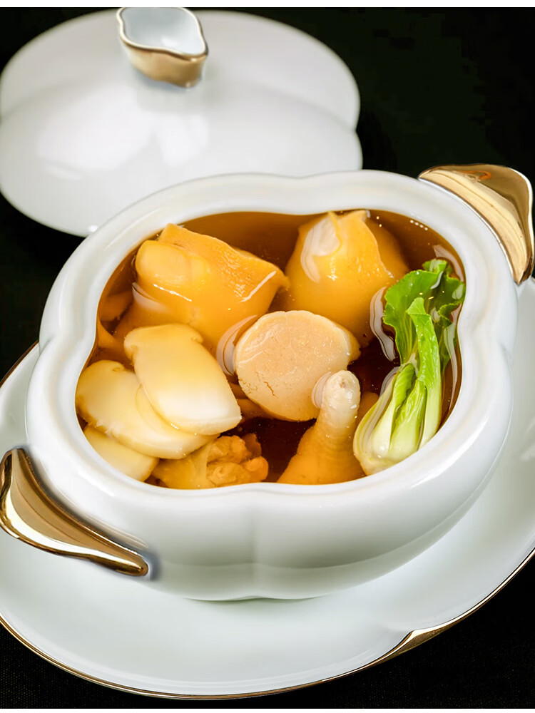 酒店汤盅新款异形陶瓷纯白双耳汤盅位上炖盅创意菜私房菜酒店镀金餐具