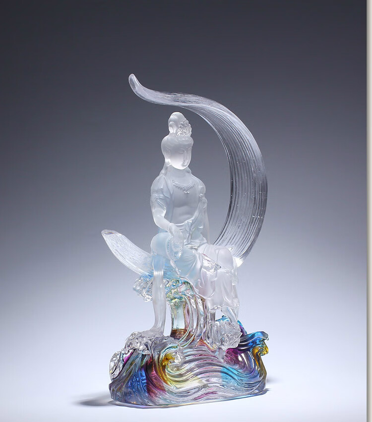 轻奢高端古法琉璃水月观世音菩萨像佛像摆件供奉家用水晶观音菩萨客厅