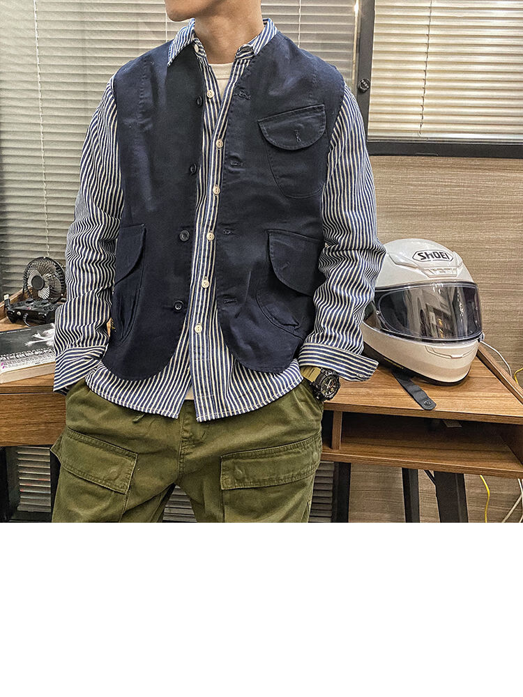 日系复古水洗棉背心男美式机车工装马甲男帆布无袖坎肩背心藏青色s