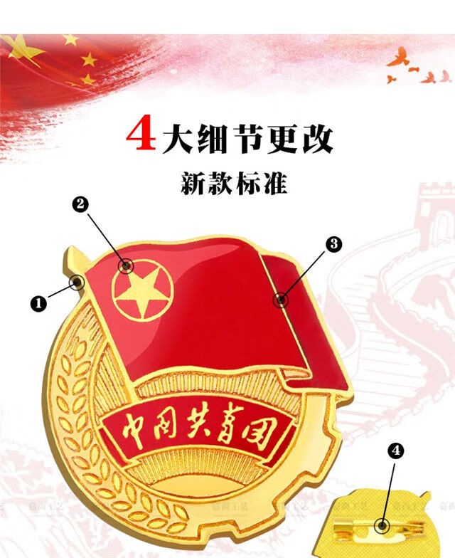 中国共青团团徽标准型中学生用团员徽章金属磁铁款别针式蝴蝶扣款