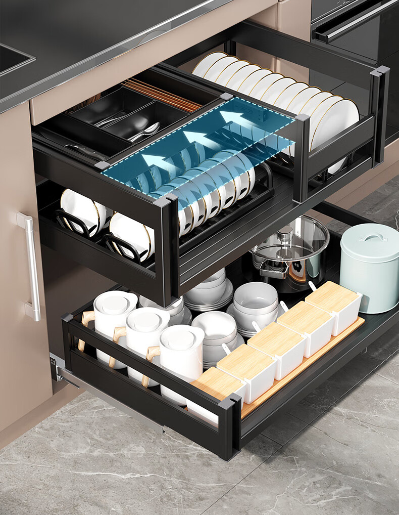 拉篮厨房橱柜三层抽屉式碗架太空铝抽中抽碗柜厨柜内收纳碗碟碗篮全铝