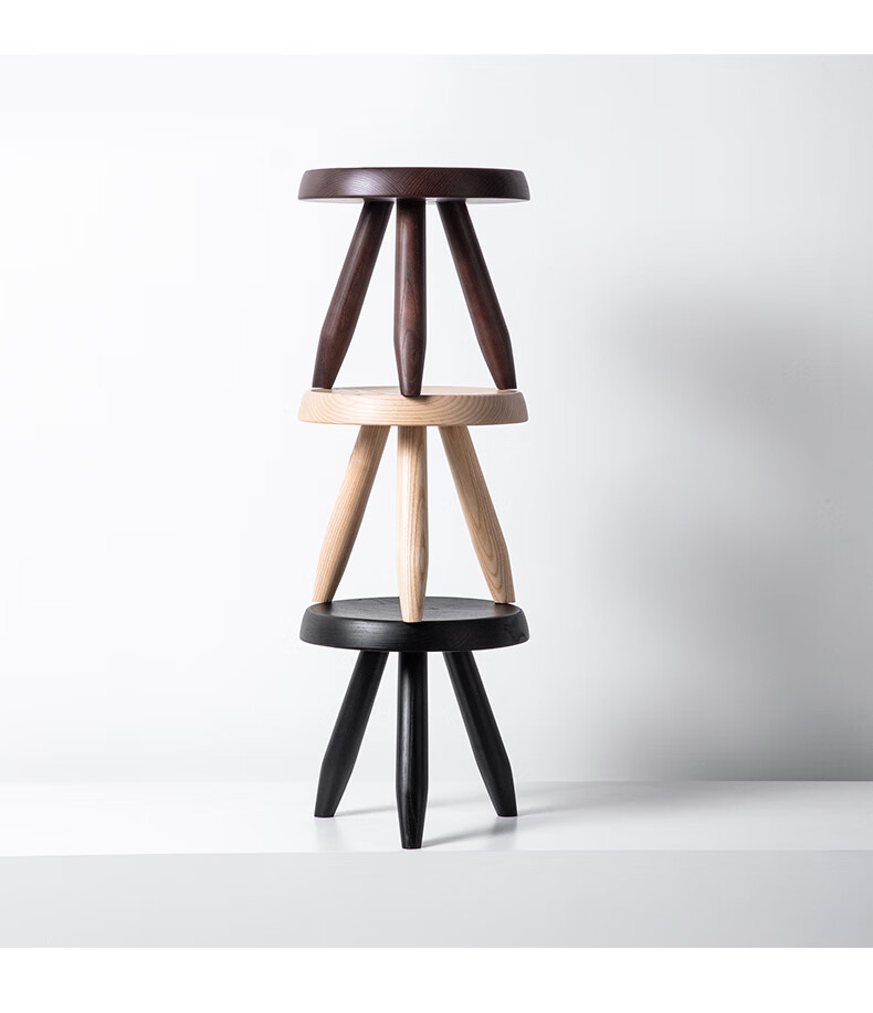 创意实木小凳子家用客厅茶几凳白蜡木矮凳原木小板凳北欧三角圆凳黑色