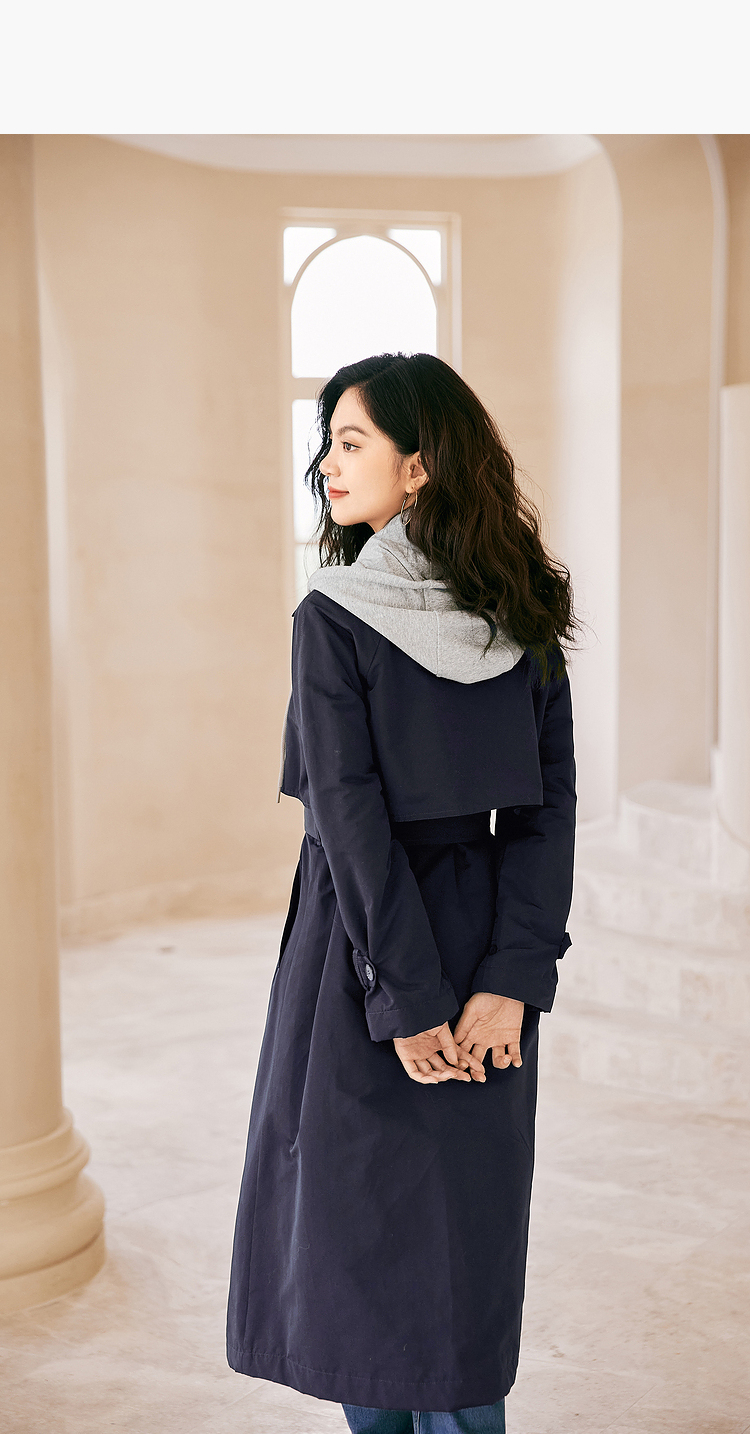 伊芙丽长款外套2021年新款秋装连帽设计感厚款夹棉风衣大衣女藏青