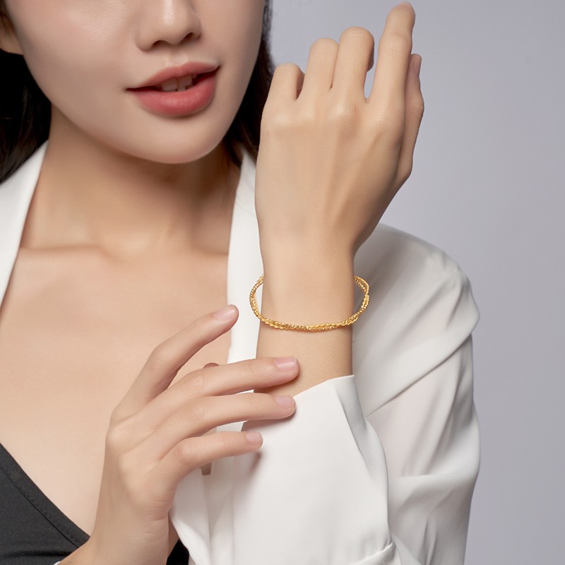 潮宏基绫罗黄金手镯女士足金手镯5g极光金镯子时尚金珠双层叠戴手环手