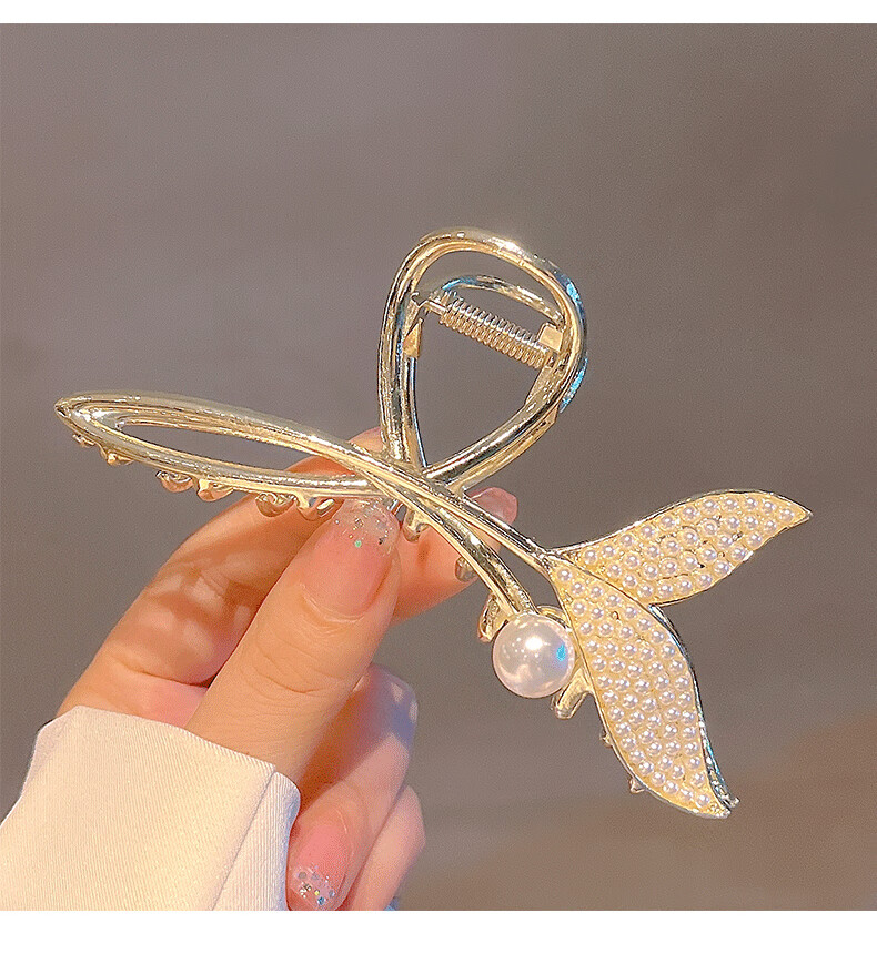 珍珠鲨鱼夹子发卡盘发束发外出礼物送女友老婆 鱼尾抓夹-珠子款【图片