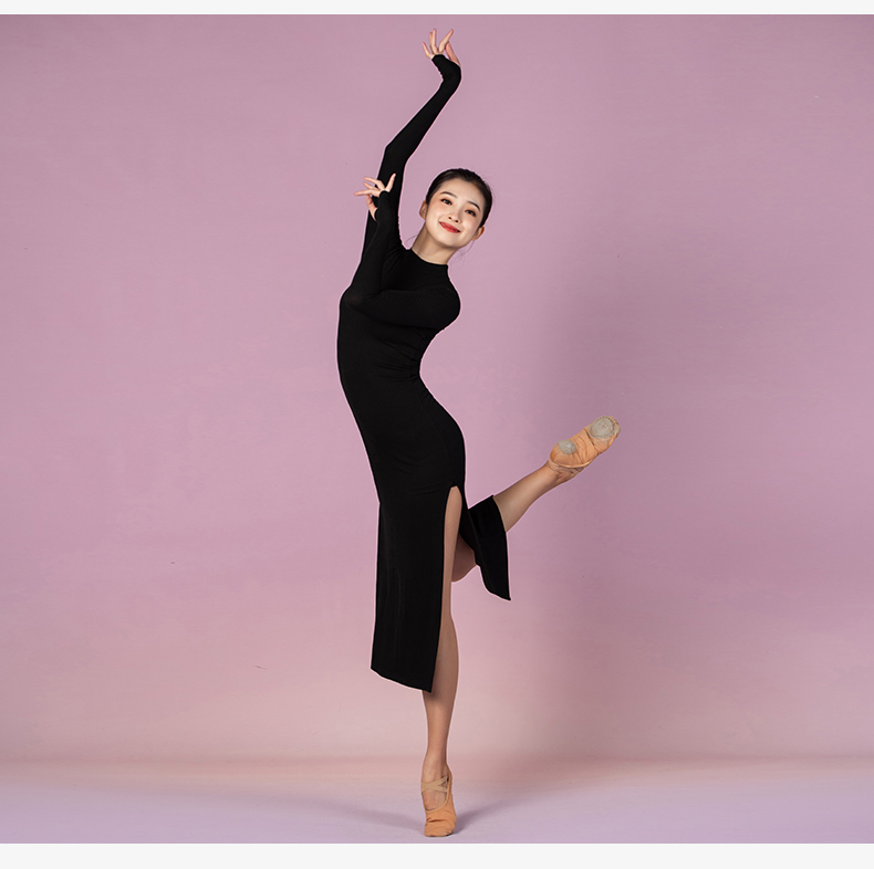 菲梵舞后弹力修身现代舞演出服长裙古典舞练功服开衩连衣裙舞蹈裙黑色