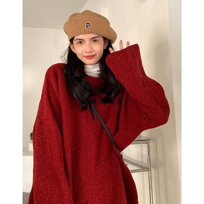 本命年红衣服女红毛衣红色新年宽松慵懒风洋气喜庆针织衫 红色 均码