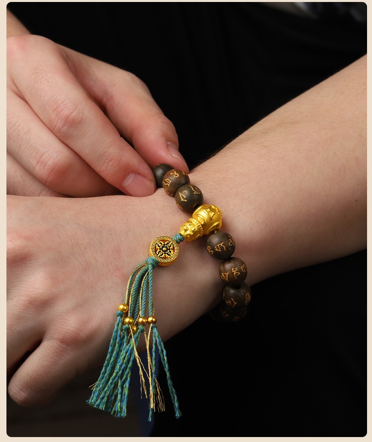 老凤凰同款黄金六字真言 三通佛塔 做旧磨砂足金转运珠佛珠配饰 重量