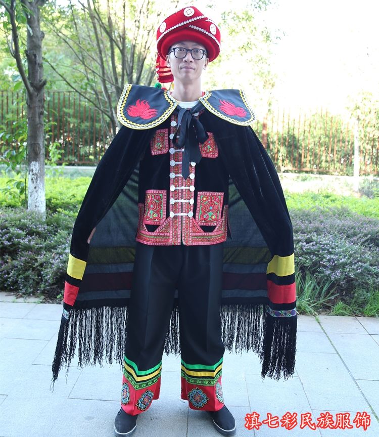 新款彝族披风男款红肩长斗篷彝族火把节服饰彝族舞蹈服装全黑披风均码