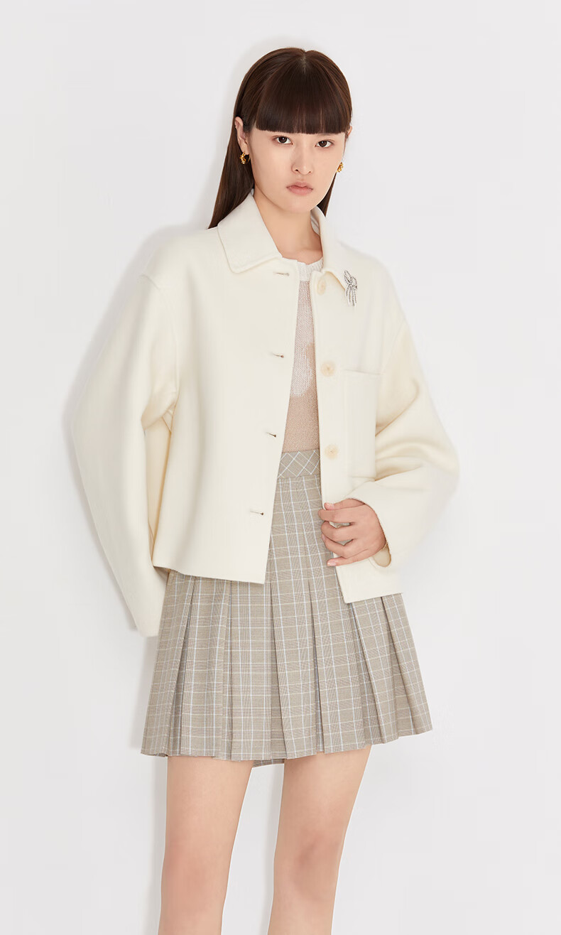 ochirly欧时力秋冬秋冬配胸针纯羊毛双面呢保暖外套女杏色870xs
