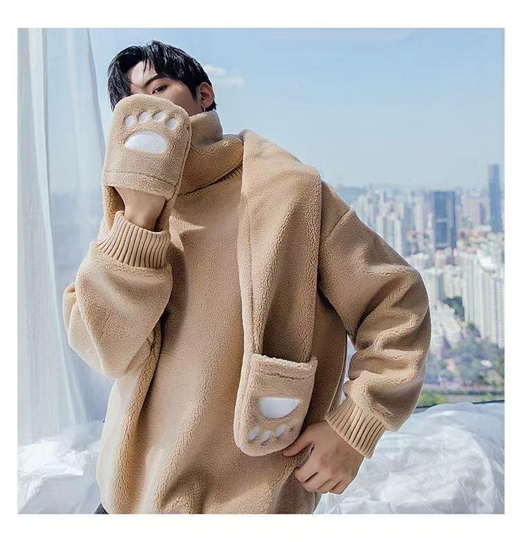 冬季情侣韩版慵懒风可爱熊耳朵上衣男带围巾帽子可拆卸连帽卫衣紫色加