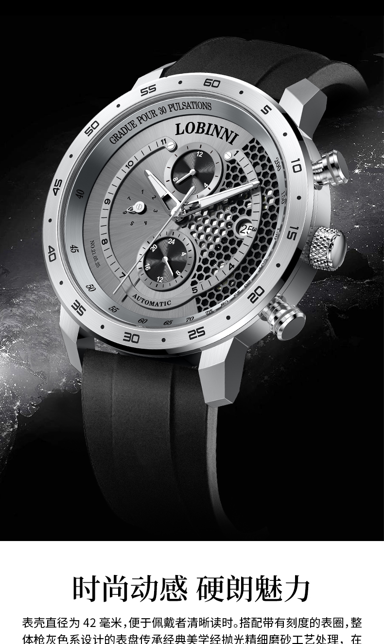 罗宾尼lobinni男士手表时尚超酷镂空全自动机械表多功能防水夜光创意