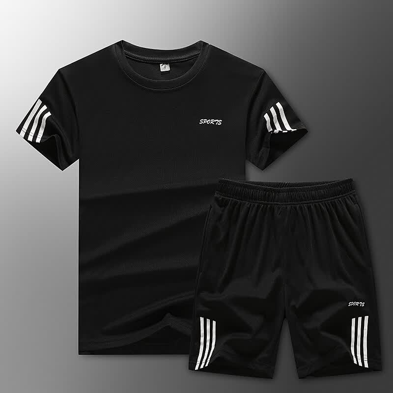 新款夏季运动套装男大码跑步健身篮球衣速干服宽松休闲短袖套装男灰色