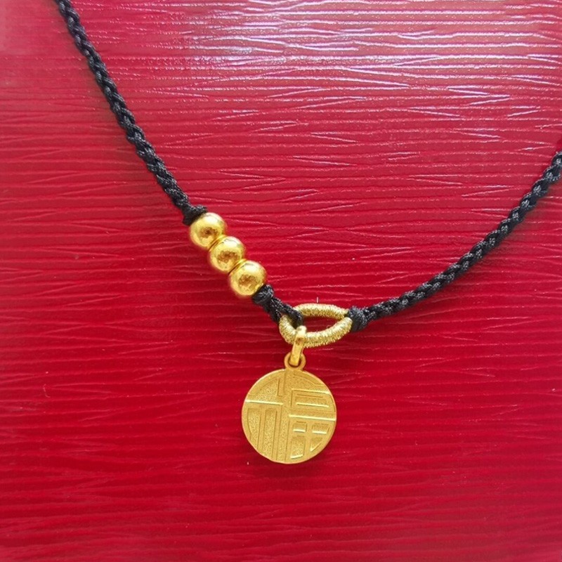 老凤凰配送证书福牌黄金项链女红绳足金小福牌吊坠女3d硬金福字转运珠