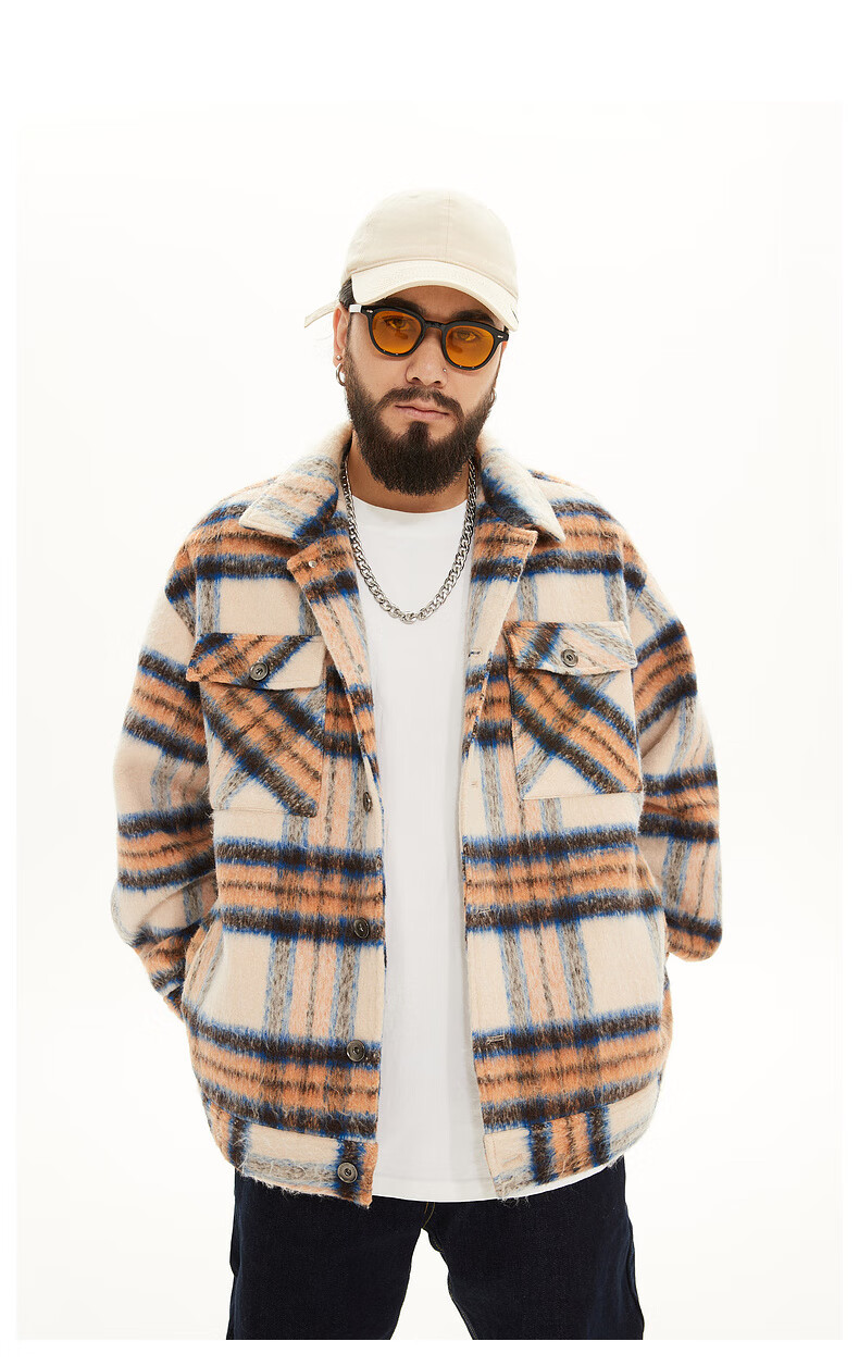 panmax大码上衣男女情侣外套夹克衣多穿橘色格纹秋冬季毛绒宽松高街