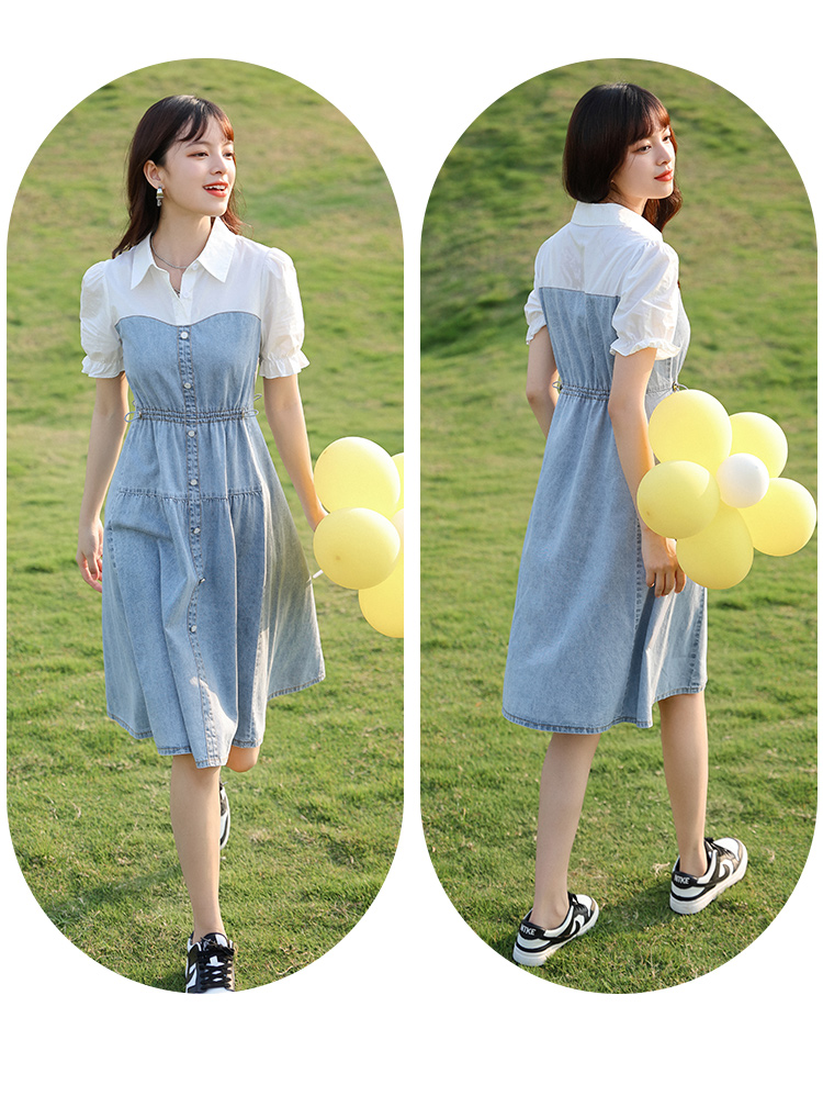 朵以2022夏季新款活力牛仔拼接连衣裙翻领收腰显瘦休闲a字裙子37vx