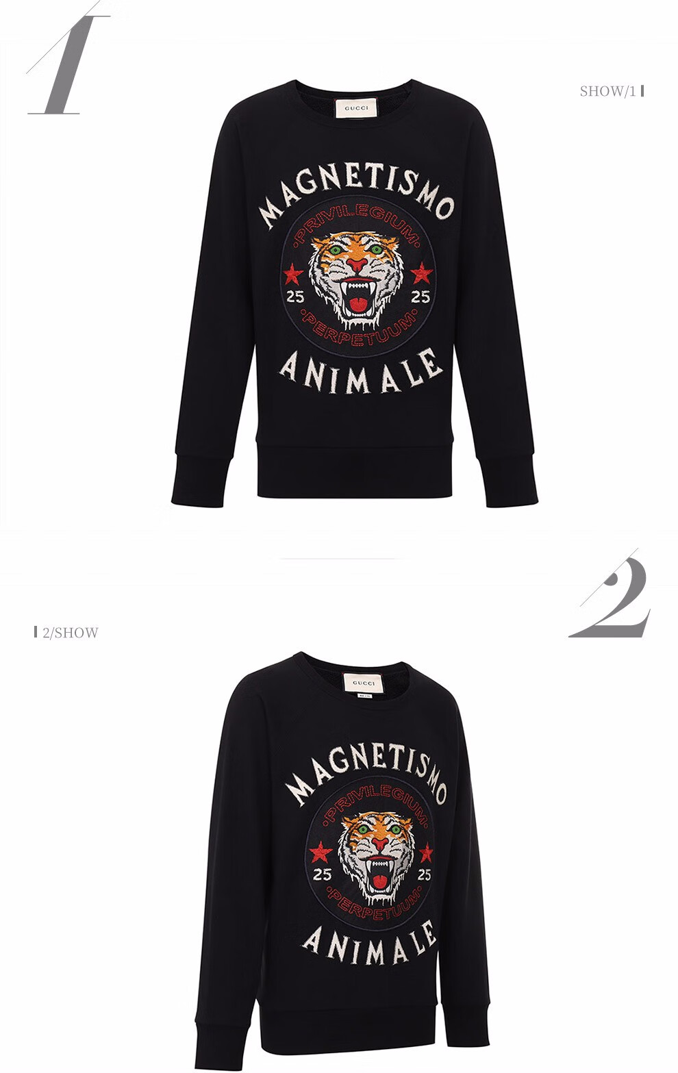 gucci古驰男装 古琦黑色棉质虎头印花圆领长袖套头卫衣 497253 x9t49