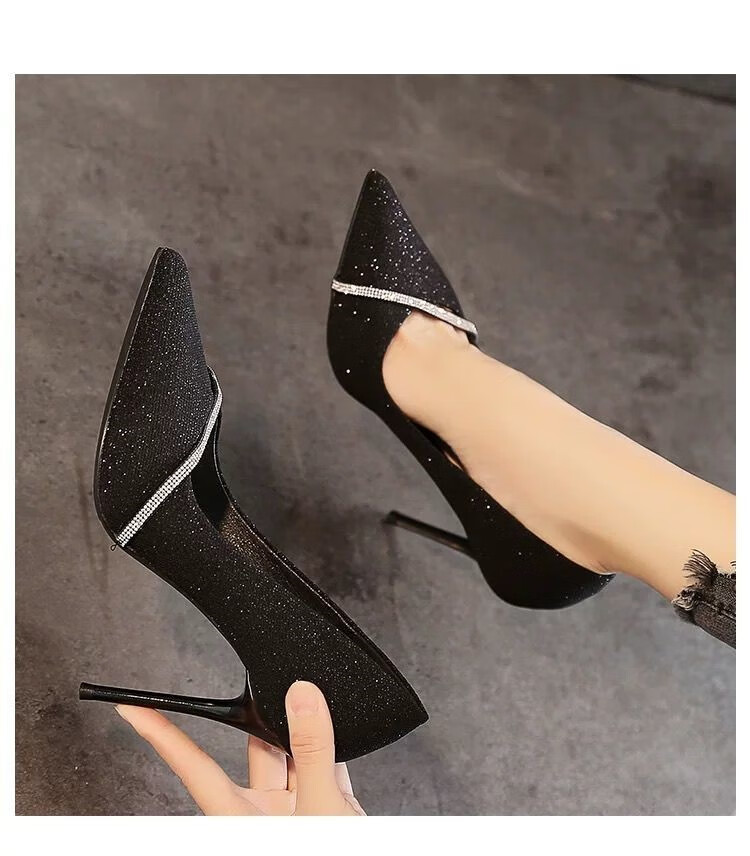 情趣高跟鞋丝袜床上性感一次性夜场激情细跟浅口水钻单鞋黑色9cm34