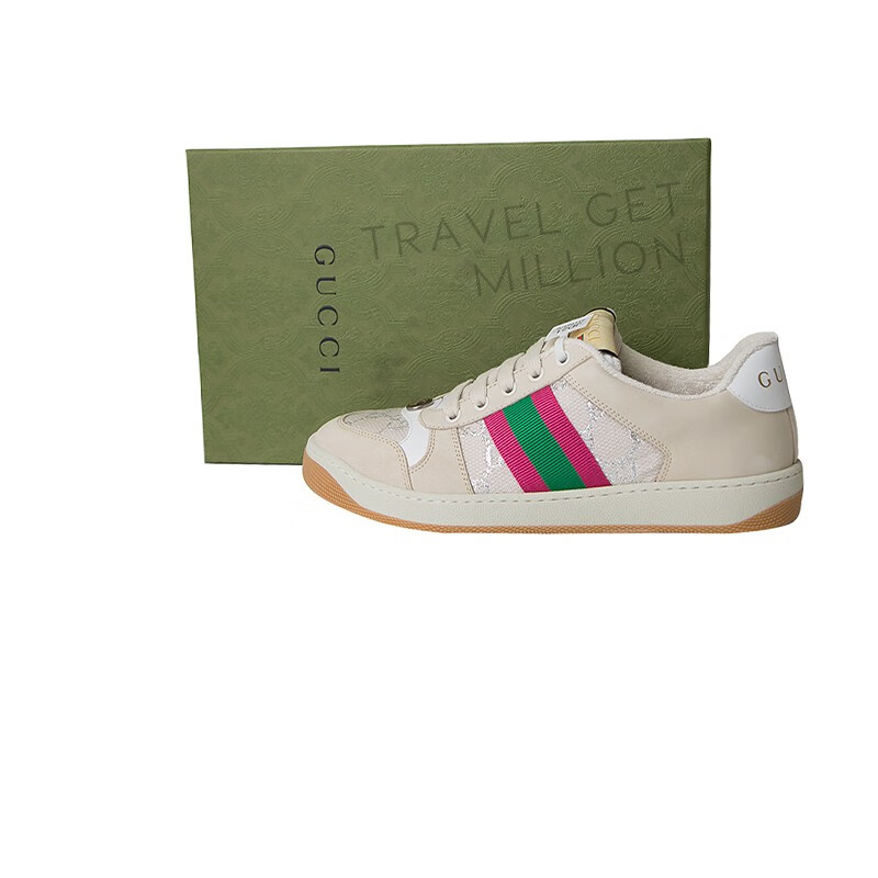 gucci古驰screener系列女士织带奶油色和银色轻质gg金银丝线运动鞋
