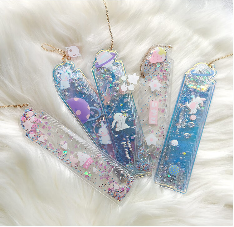 少女心入油流沙书签尺兔子挂坠多功能刻度尺子学生直尺可爱手帐尺红色