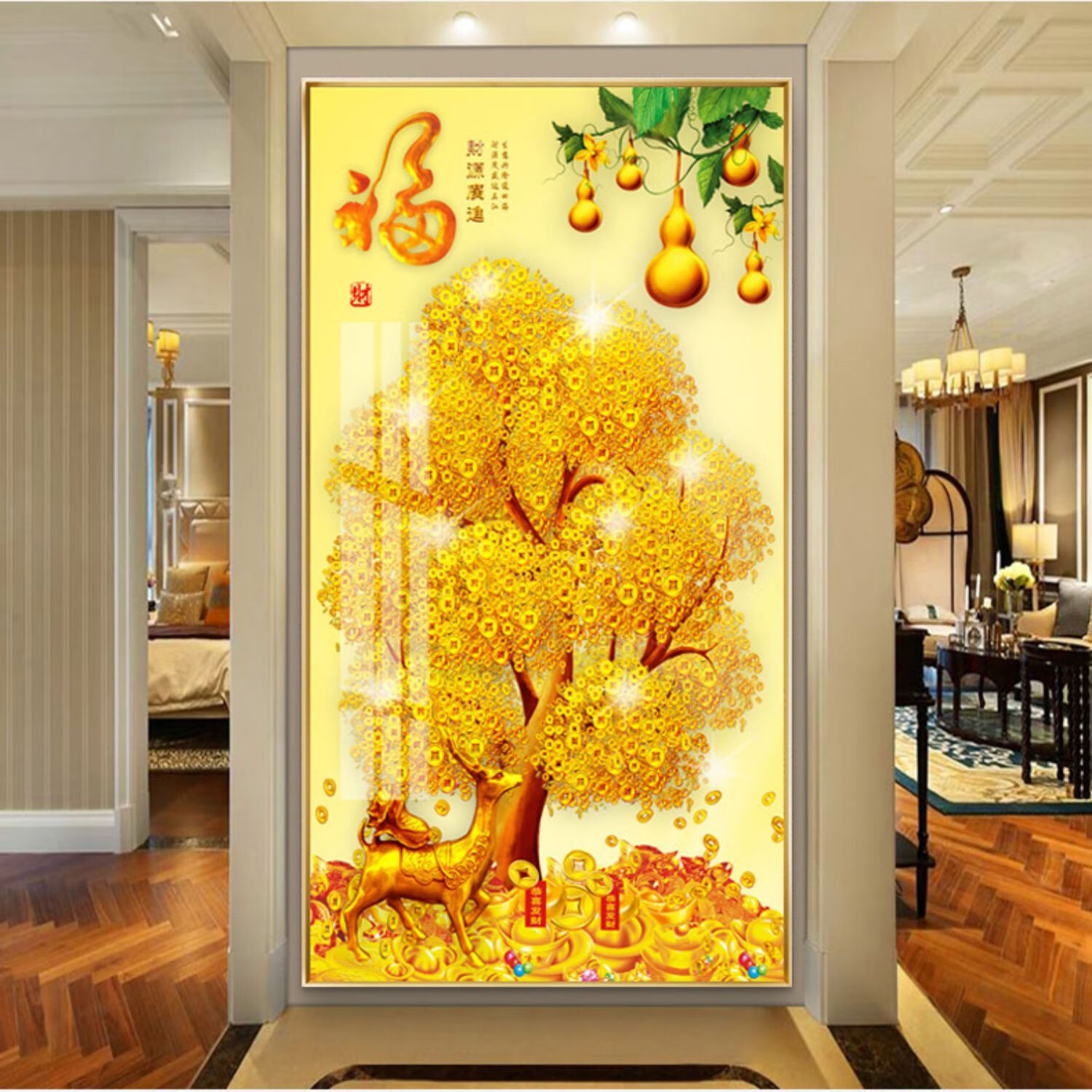 进门挂画入户玄关装饰画竖版摇钱树走廊过道壁画大气晶瓷画铝合金框a1