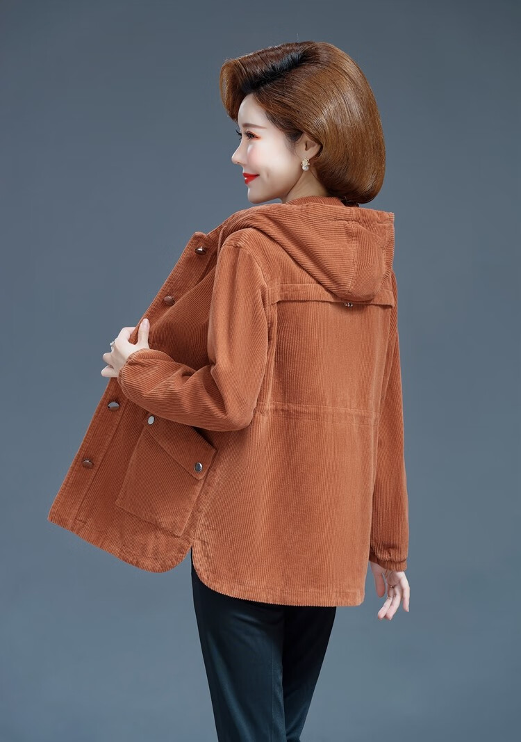 灯芯绒女式带帽休闲装人女春秋外套纯棉条绒上衣灯芯绒外套码风衣